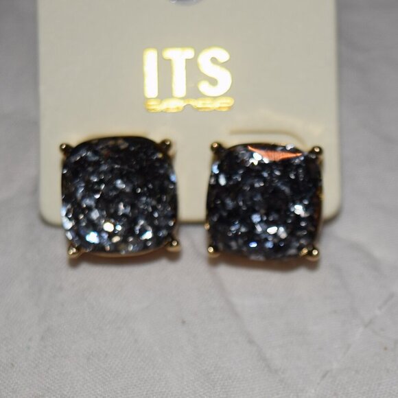 NWT ITS SENSE Black Silver Speckled Studs Gold Setting Earrings - Picture 5 of 5
